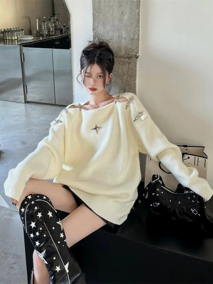 Womens white floral sweater Harajuku Korean 90s aesthetics Y2k long sleeved oversized skydiving knit retro 2000s clothing 240826