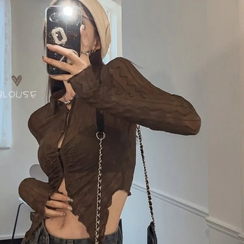 Sexy short sleeved womens streetwear Y2k clothing Harajuku polo neck long sleeved crop top ultra-thin club black shirt n elastic 240827