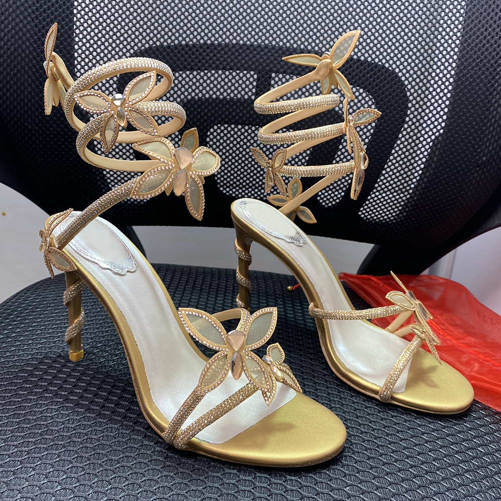 butterfly crystal decorative high sandals stiletto women evening dress shoes 9.5cm Serpentine Wraparound luxury designer women's high heels with box