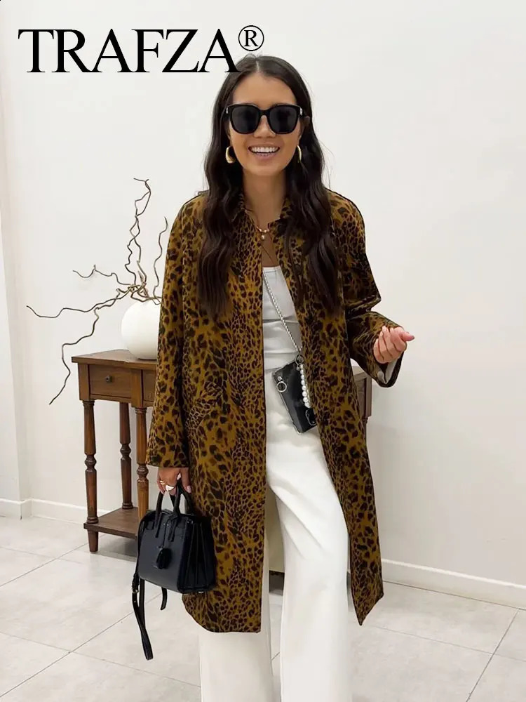 TRAFZA Womens Fashion Leopard Pattern Trench Coat Retro Long Sleeve Single Chest Jacket Street Clothing TRAF 240826