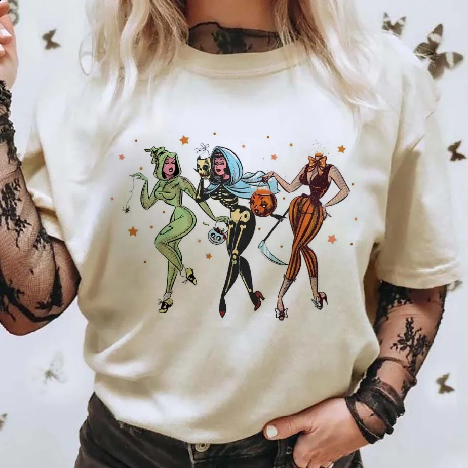 Vintage Halloween Ghost Pattern Kawaii T-shirt Short Sleeve Womens Printed Watercolor Fashion Top Womens T-shirt 240827