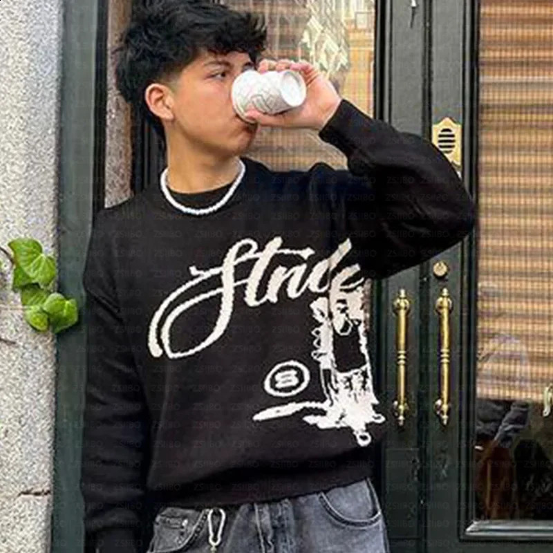 American style street Gothic letter jacquard knitted pullover sweater wholesale loose fitting mens collar 240826
