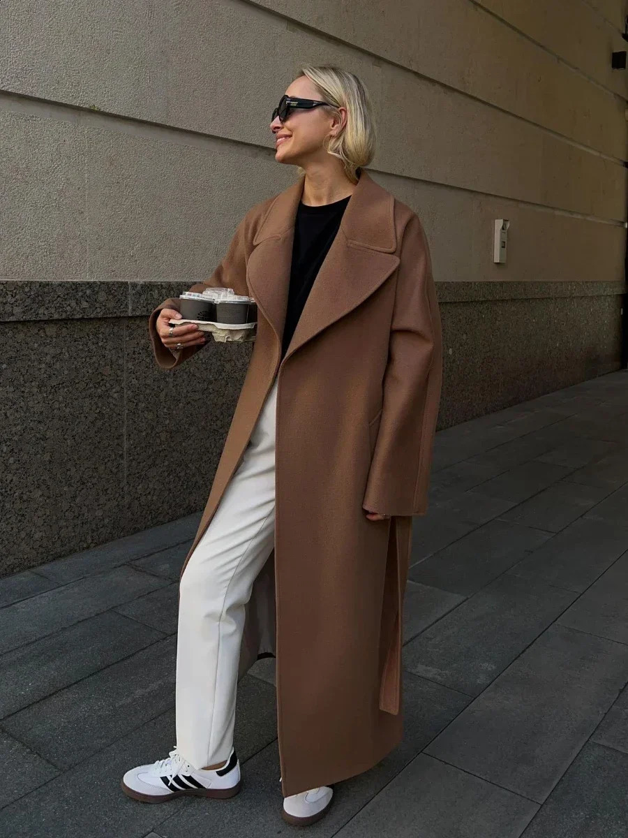 Bornlades Winter Thick Wool Coat Womens Belt Loose Long Jacket Office Autumn Warm Blended 240826