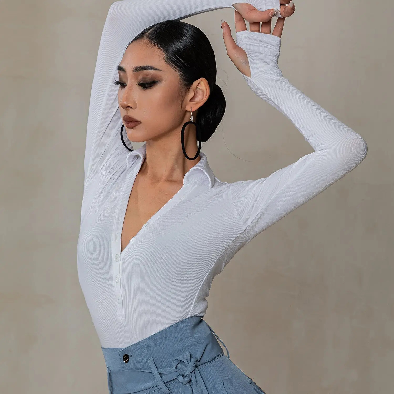 Ultra thin multi-color spring collar long sleeved casual T-shirt for womens uniform V-neck elastic strength comfortable and fully matched top 240827