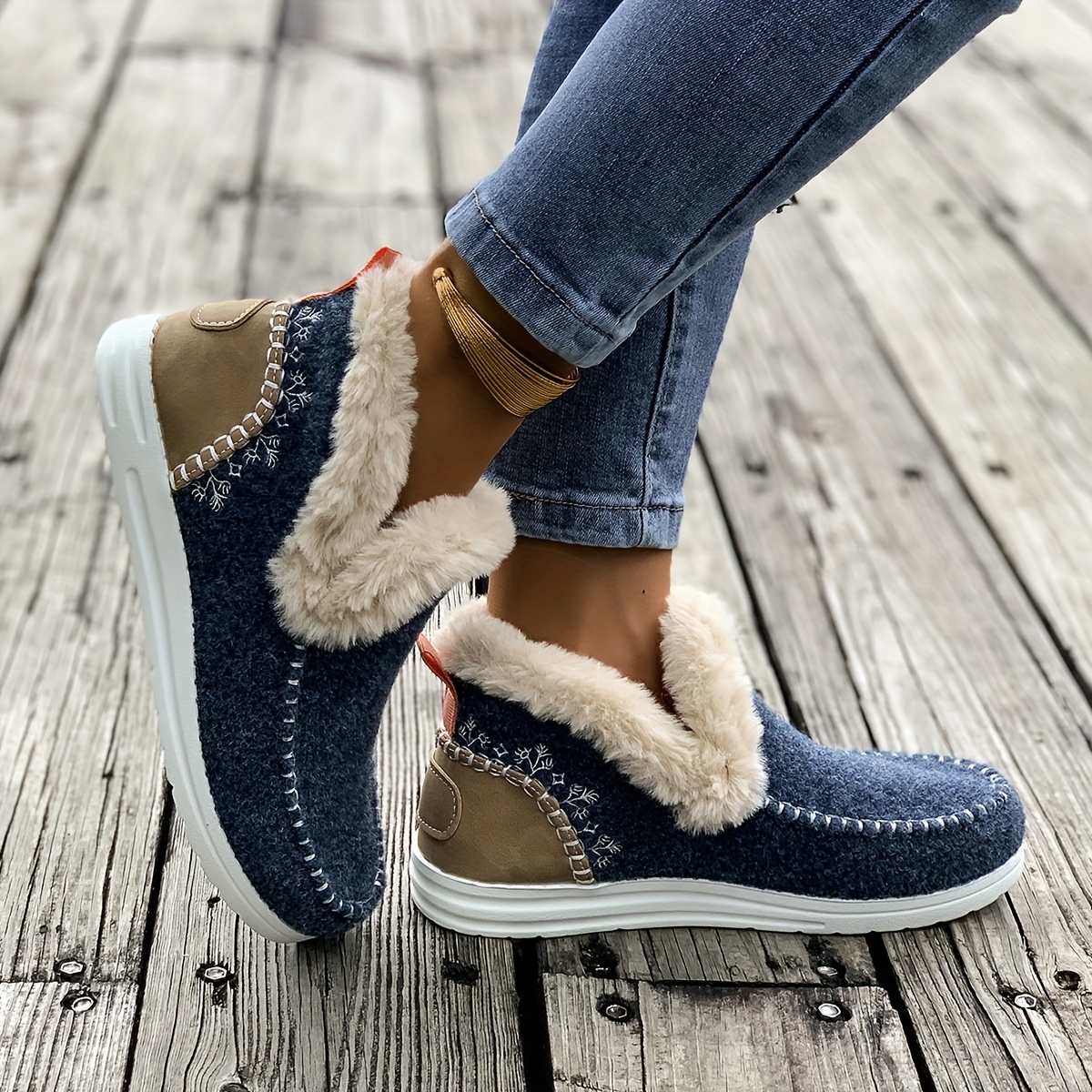 Women's Cozy Flannel Ankle Booties with Faux Fur Trim - Solid Color Slip-on Plain Toe Flat Heel Boots with Fabric Insole and TPR Sole - North Ame