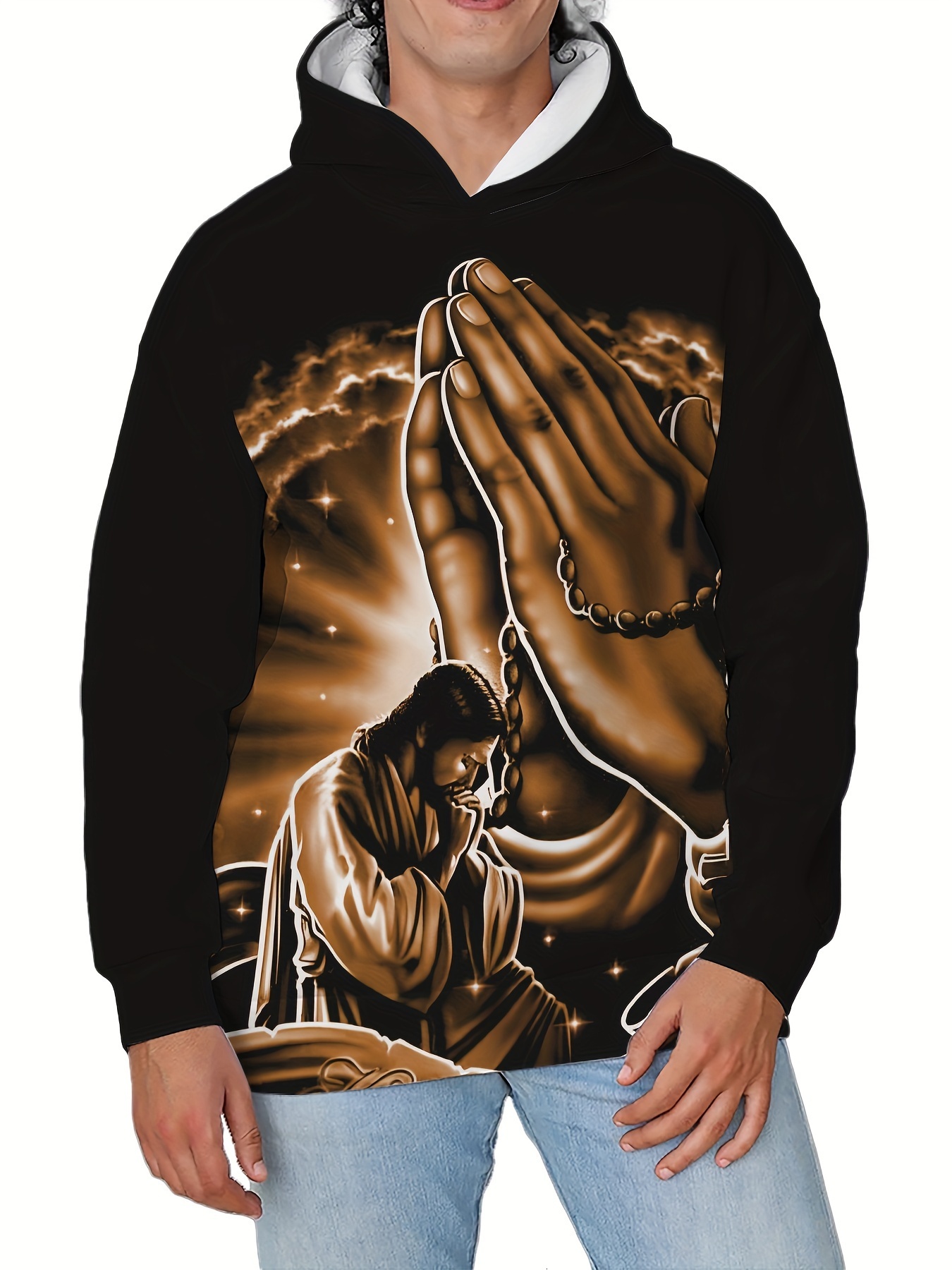 Men's Novelty 3D Praying Pattern Print Hooded Pullover Sweatshirt For Spring Autumn Casual Daily Wear