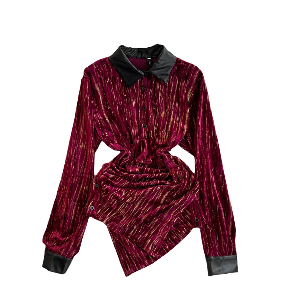Spring and autumn fashion long sleeved polo neck ultra-thin slim fit irregular hem shiny silk shirt womens top Y2k 240827