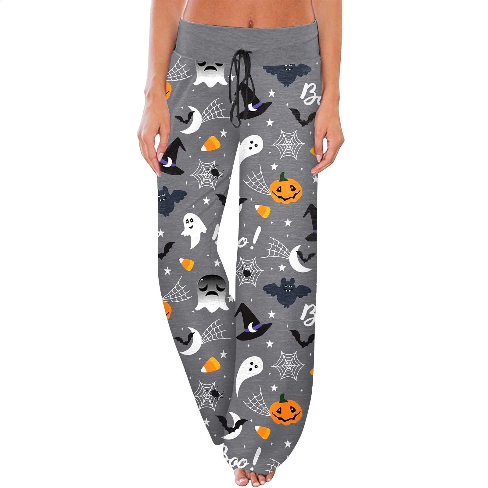 Womens Gothic Bat Sleepwear Halloween Printed Sleepwear Comfortable Lounge Bottom Brushed Wide Leg Pants 240827