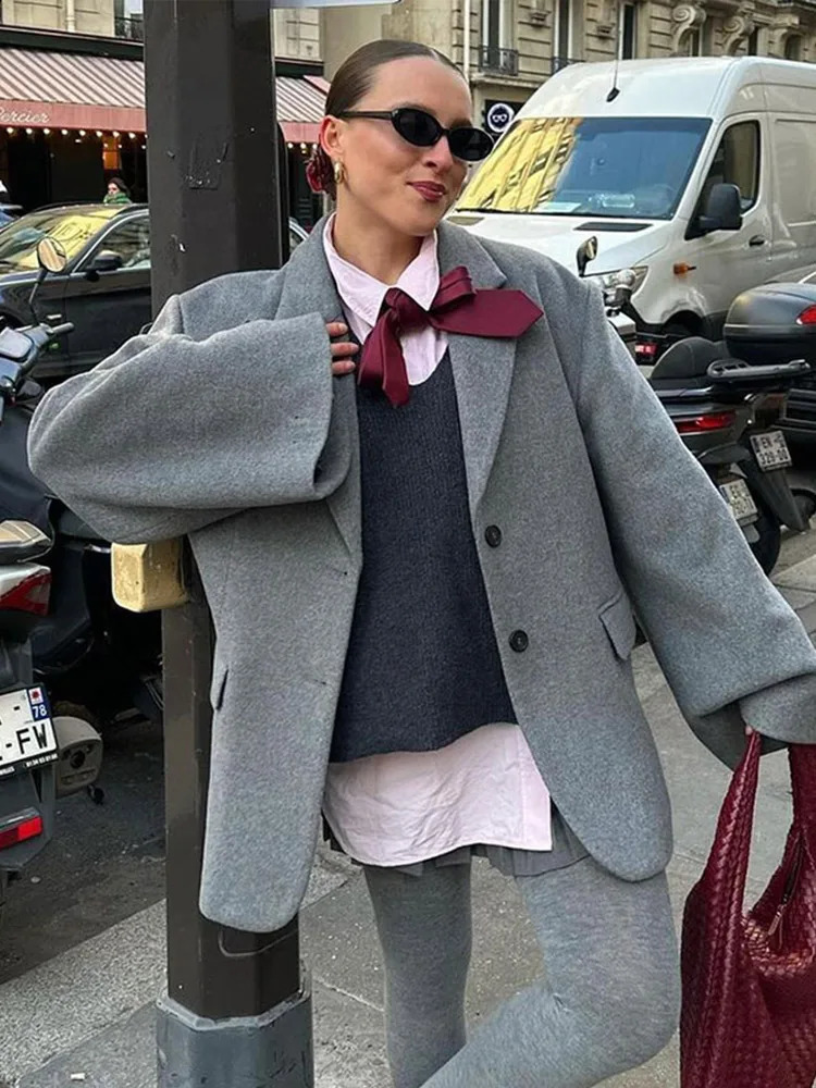 Retro wool button set womens casual loose collared gray jacket autumn classic elegant street 240826