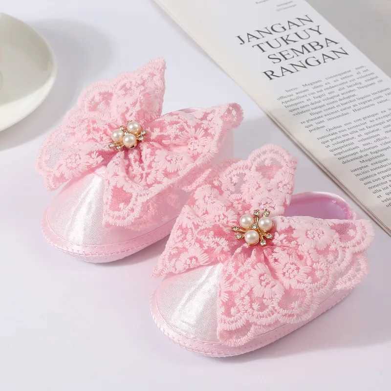 Baby girl flat shoes soft sole hollow bow tie pearl decoration anti slip first mover indoor outdoor toddler walking shoes M240827