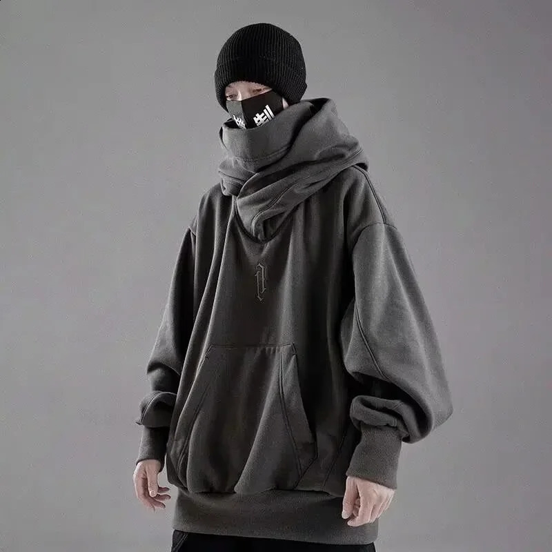 Embroidered turtle neck mens sweatshirt Japanese ninja hooded autumn hiphop wool pocket streetwear oversized Y2K w240826