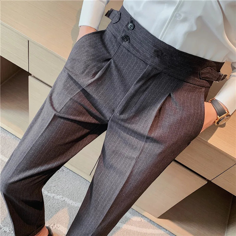 High Waist Pants Men British Style Casual Slim Striped Fit Dress Pant Men Formal Office Social Wedding Party Dress Suit Trousers 240827