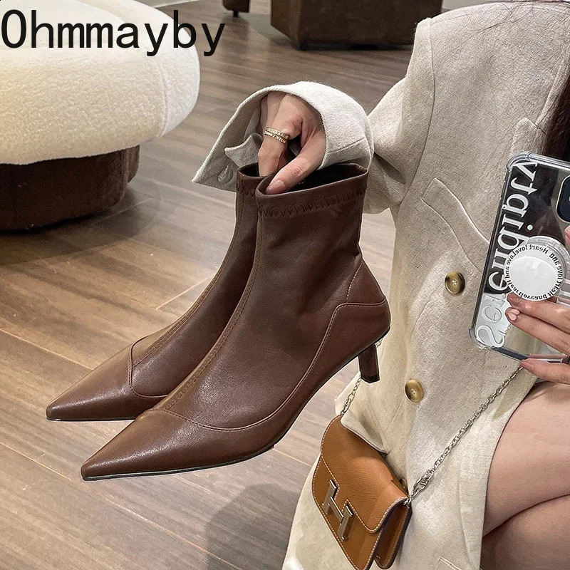 Pointed Toe womens elastic short boots fashionable and slim fit ankle boots thin high heels autumn womens shoes 240827