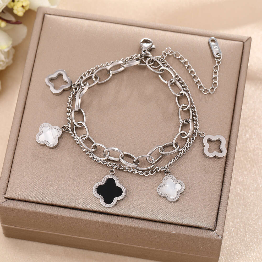 Clover Bracelet For Women Luxury Designer jewelry double-layer 4/ Leaf Bracelets 18K Gold Silver Plate Agate Diamond Fashion Charm Chain Wedding Gift Party high end