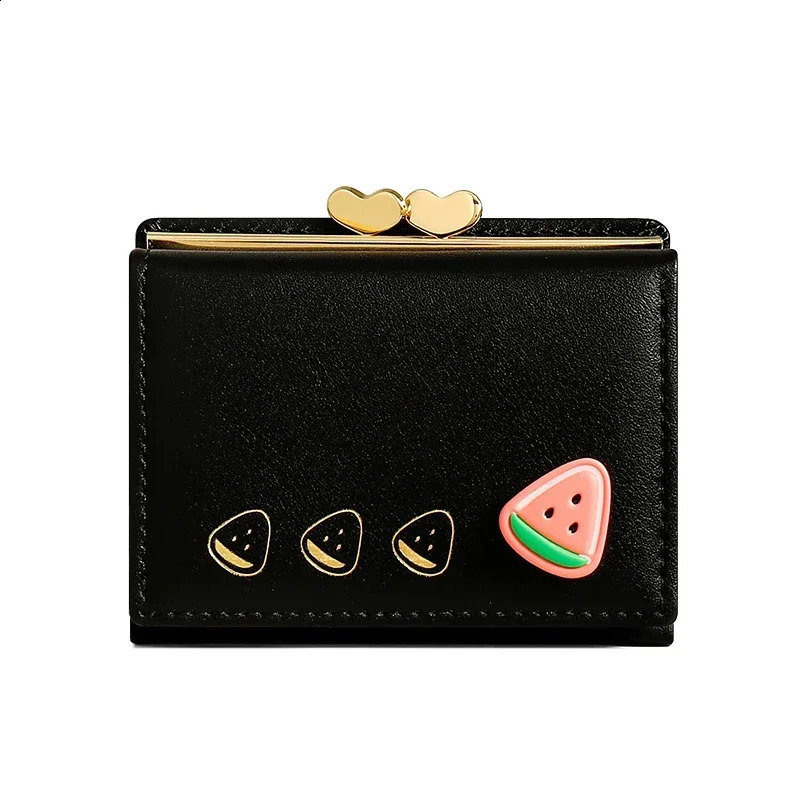 Cute small leather pocket wallet womens fruit printed double fold coin mini currency card clip clutch bag 240827