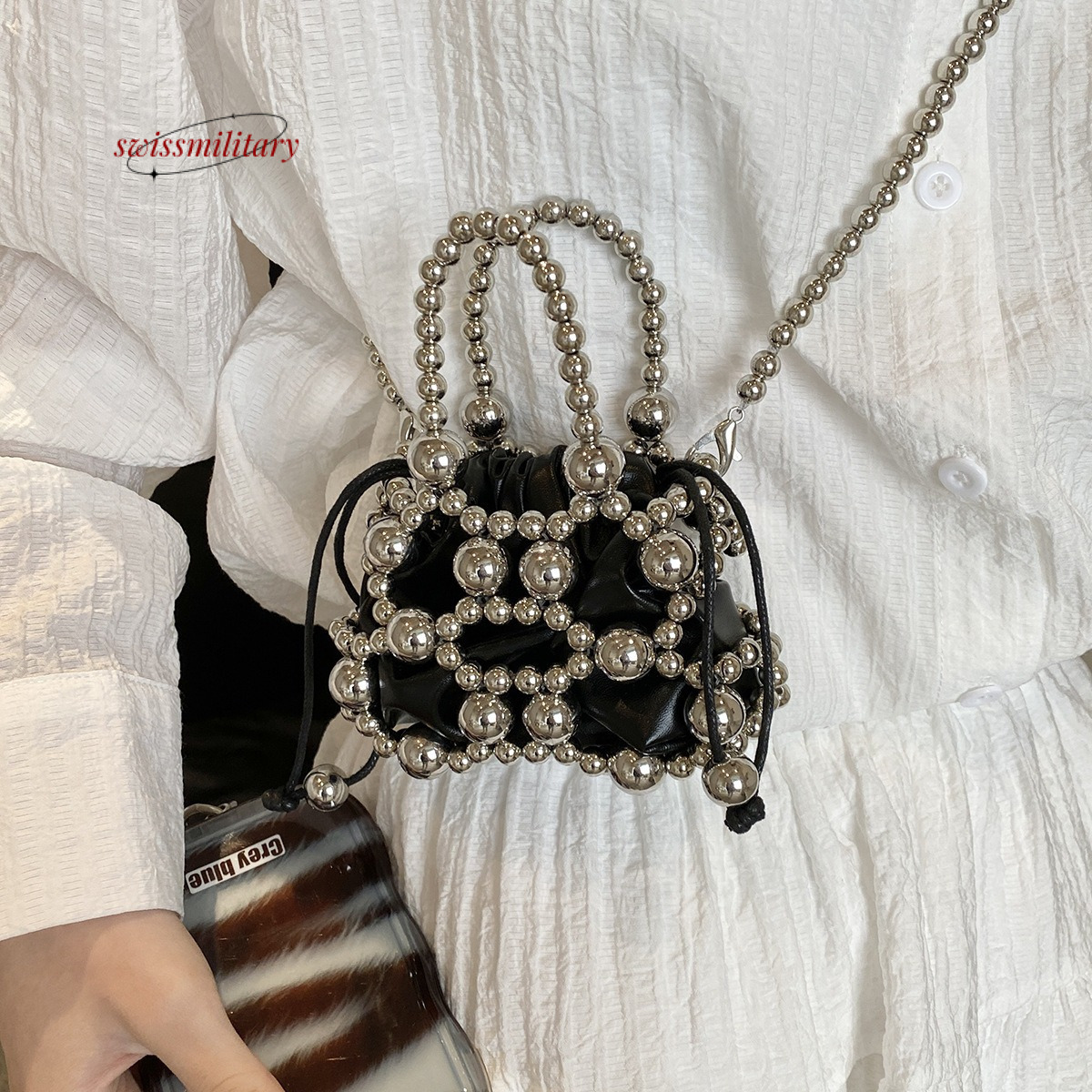 Swissmilitary Small high-end spherical hardware handbag with 2024 summer trend, featuring drawstring design and a stylish woven crossbody bag #22