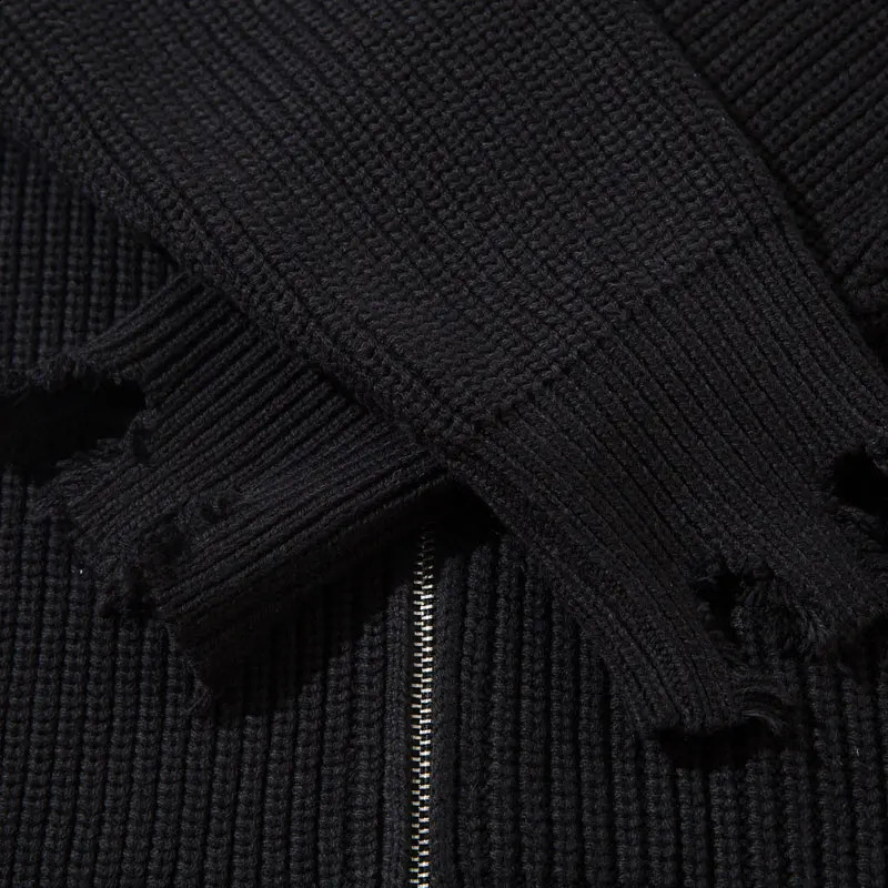 Hip hop sweater jacket pleated full zipper knit solid plain skydiving cardigan woolen Harajuku punk gothic top black 240826