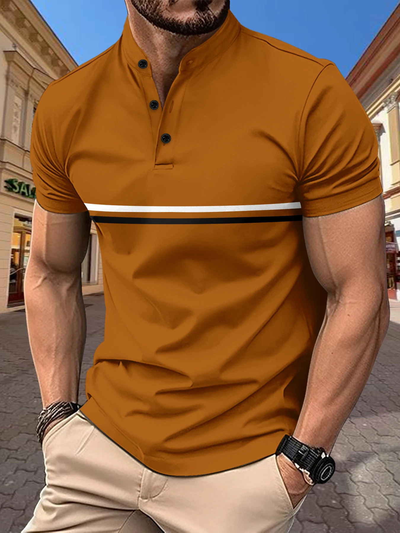 Mens summer short sleeved Henley fashion striped mens polo shirt casual sports top Tshirt diagonal Natal 240827