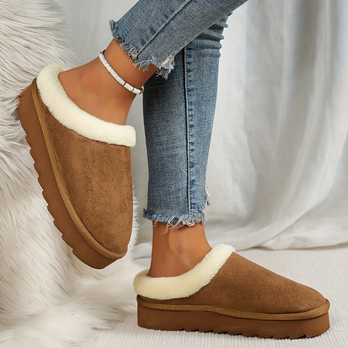 Solid Color Warm Home Slippers, Slip On Platform Lined Non-slip Shoes, Winter Comfy Plush Fuzzy Shoes