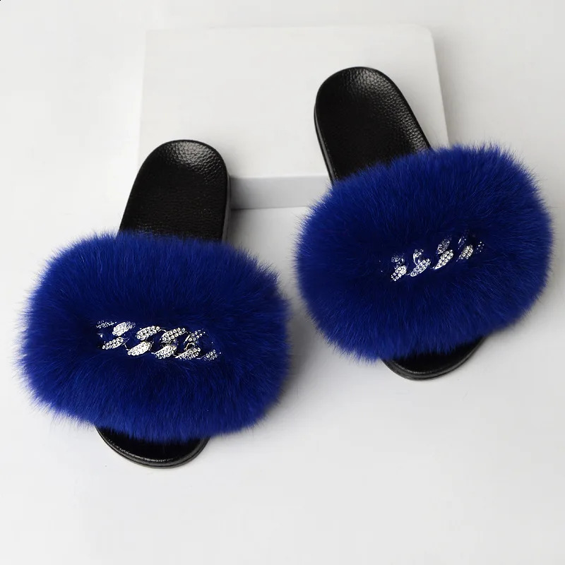 Summer womens slider womens real fox fur slider indoor fuzzy plush flip flat sandals fluffy home shoes womens arrival 240827