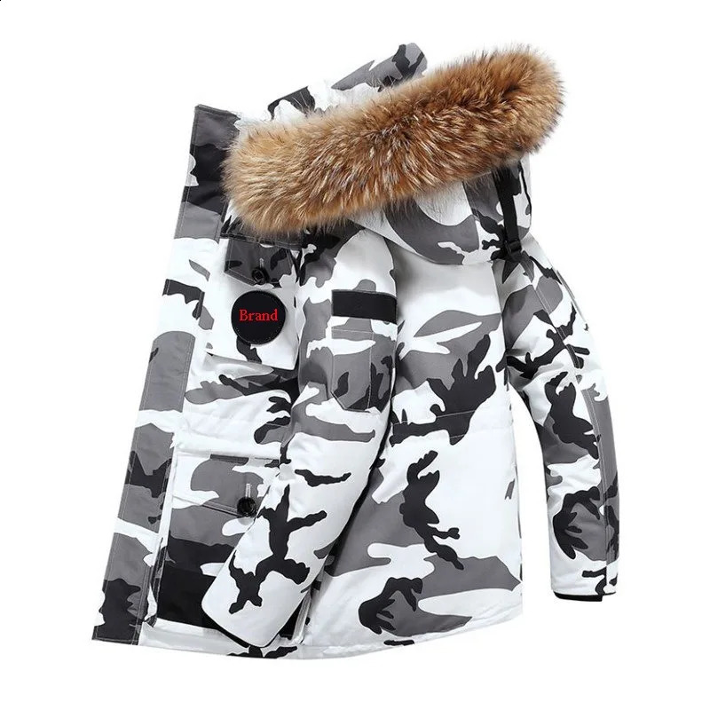 Winter -30 degree down jacket for men 90% white duck down big fur collar warm and thick park chiffon jacket for men camouflage 240826
