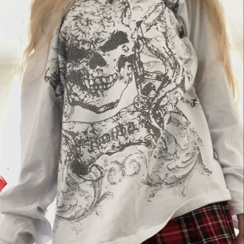 Halloween womens long sleeved shoulder skull print zipper punk top Y2K Grunge fairy T-shirt street 240826
