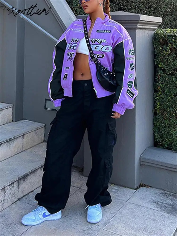 Kontturi Fall Casual Letter Print Jackets For Women O Neck Long Sleeve Zip Up Coat Streetwear Outfit Purple Varsity Jackets 240827