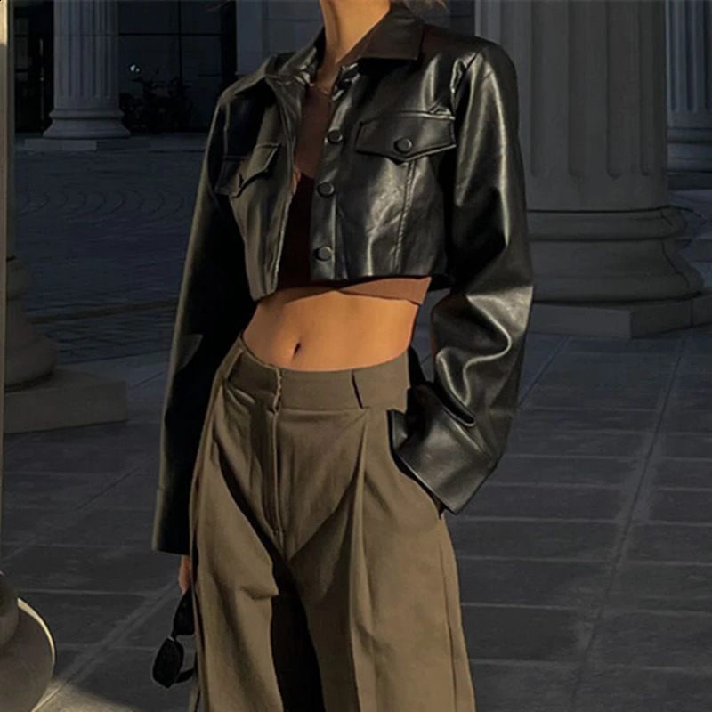 American Pu leather jacket womens black street fashion casual long sleeved buttoned jacket ultra-thin Harajuku Y2K sexy cut top 240827
