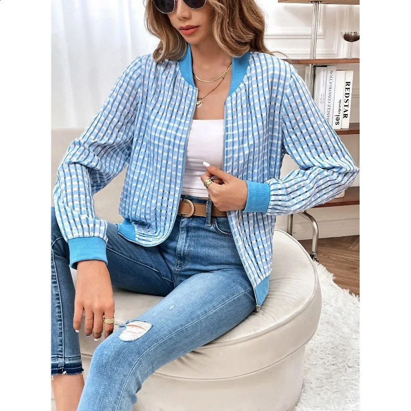 Spring and Autumn Womens Cardigan Long Sleeve Spell Colour Plaid Striped Zipper Patchwork Loose Office Lady Fashion Casual Coat 240827