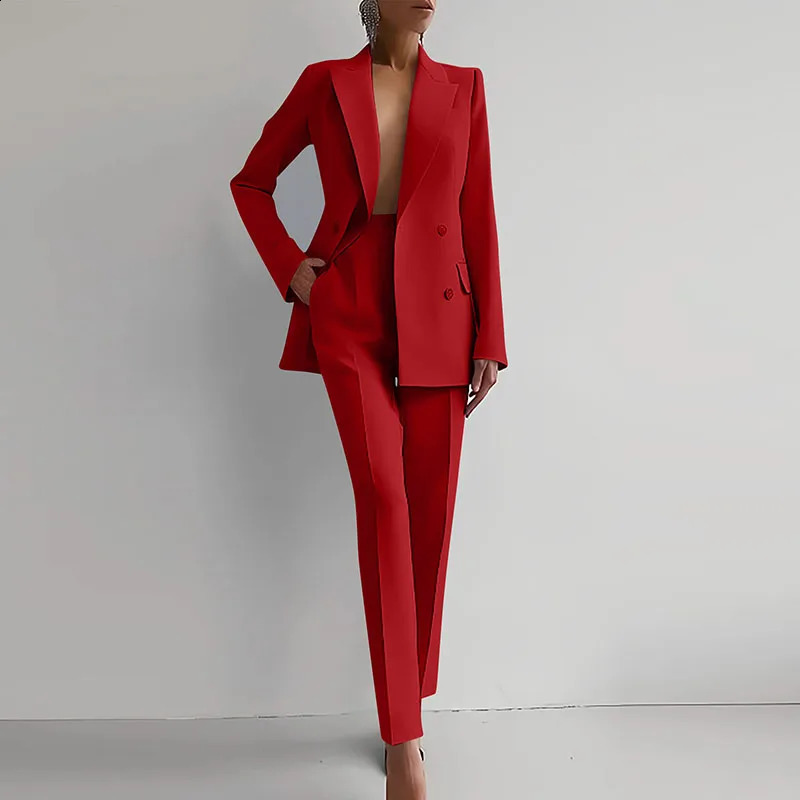 Elegant Career Outfits Fashion Lapel Collar Button Blazer Pencil Pants Sets Women Casual Long Sleeve Solid 2Pc Suits 240826
