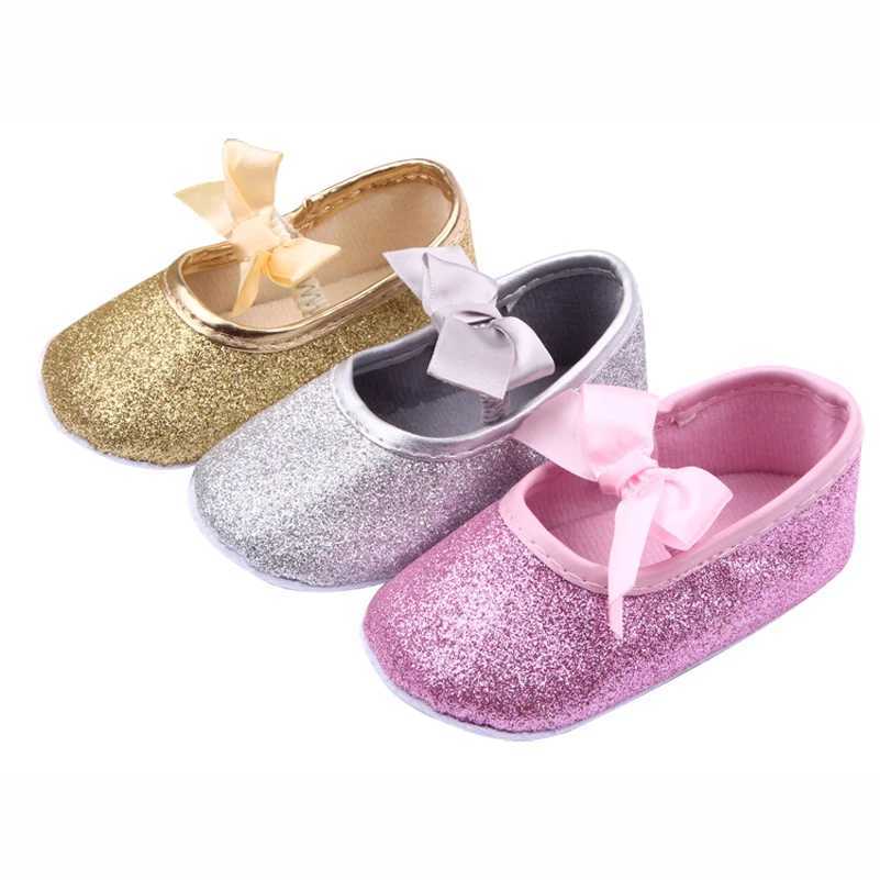 Fashionable shiny baby shoes princess bow baby first walker soft soled baby girl shoes gold pink silver M240827
