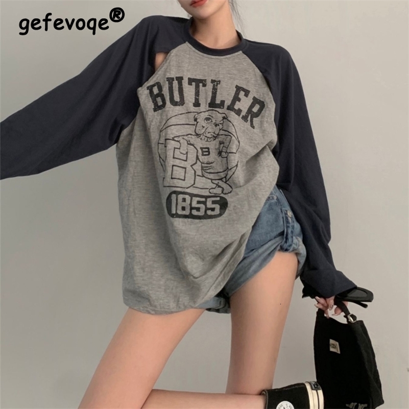 Womens fashion retro letter printing patch work hollow oversized T-shirt casual street wear Y2K O-neck long sleeved top Ropa De Mujer 240826