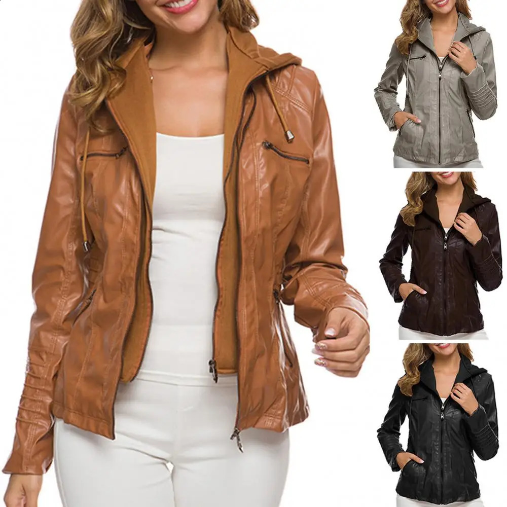 Womens artificial leather jacket solid color zipper motor jacket outerwear outerwear with pockets autumn and winter womens clothing 240827