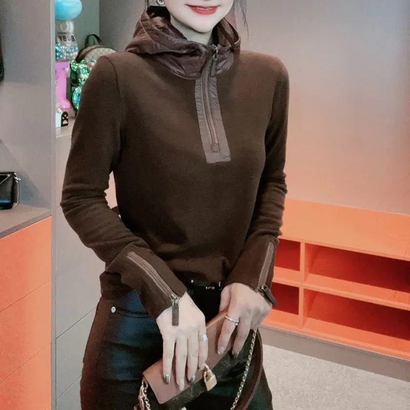 Commute Hooded Fashion Zipper Pulleys Womens Ultra Thin Solid Color Spring and Autumn Long Sleeve Fully Matched Splicing Sweatshirt 240827