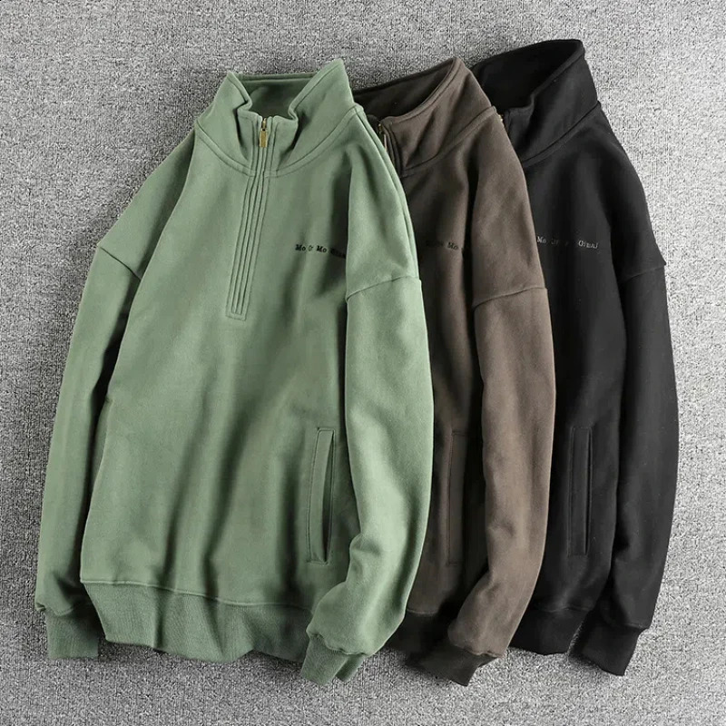 Heavy duty thick simple retro semi open collar hooded sweatshirt mens autumn and winter trend traction top 240826