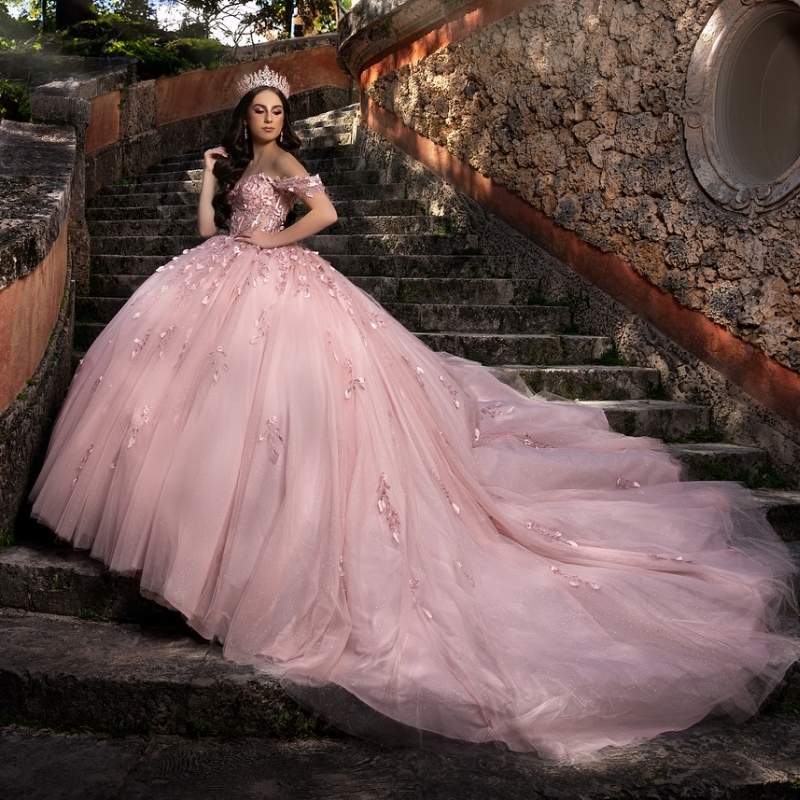 Pink Sequined Appliques Beading Shiny Crystal Ball Gown Quinceanera Dresses Off The Shoulder Corset Vestidos De 15 Anos Sweet 16 Dress