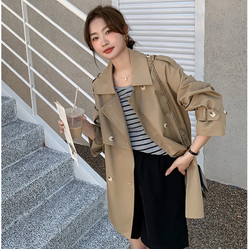 British style womens trench coat spring and autumn collar long khaki casual sleeved belt windproof 240826