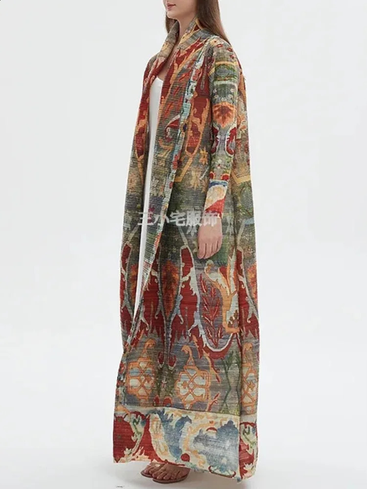 Lanmrem retro printed pleated windproof long contrasting color loose Scraf collar trench coat fashionable clothing 32C1093 240826