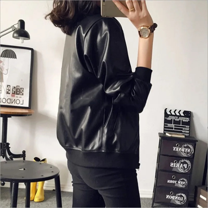 Womens PU leather zipper ultra-thin motorcycle jacket autumn windproof jacket 240827