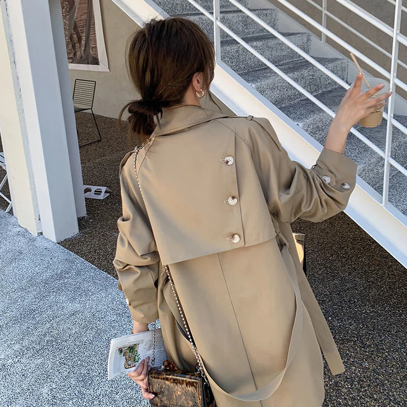 British style womens trench coat spring and autumn collar long khaki casual sleeved belt windproof 240826