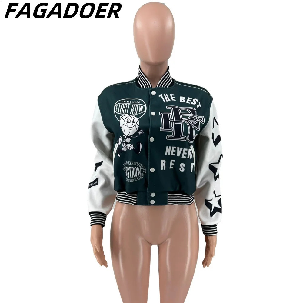 FAGADOER Autumn Casual Patchwork Letter Printing Baseball Jacket Women Button Long Sleeve Crop Top Female Slim Coats Clothing 240827