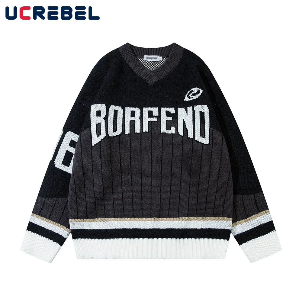 Contrast Paneled Knitted Sweater Mens Alphabet Jacquard Autumn Winter High Street Loose Vneck Long sleeved Floral 240826