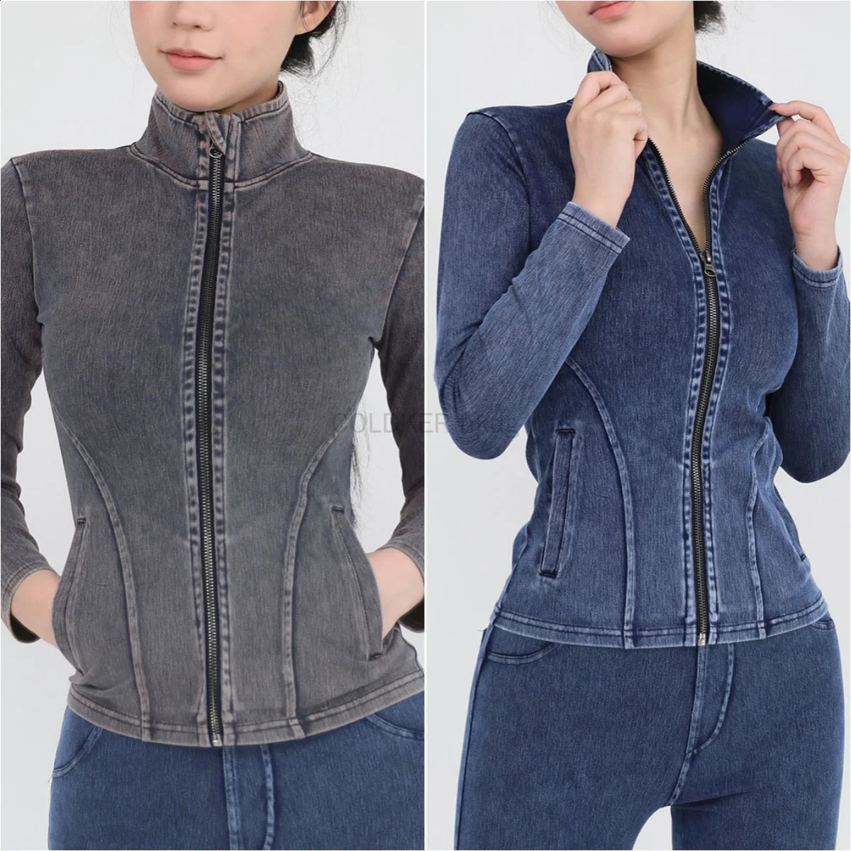 Womens Full Zip Athletic Yoga Jacket Stretch Denim Coat Workout Running Track Sportwear Slim Fit Long Sleeve Gym Top 240827