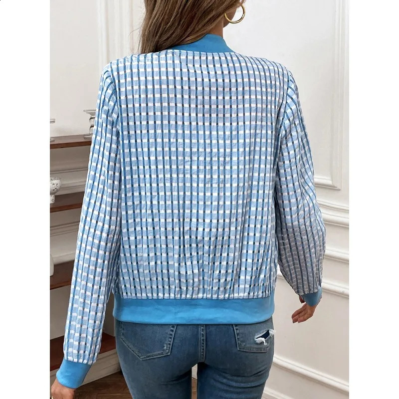 Spring and Autumn Womens Cardigan Long Sleeve Spell Colour Plaid Striped Zipper Patchwork Loose Office Lady Fashion Casual Coat 240827