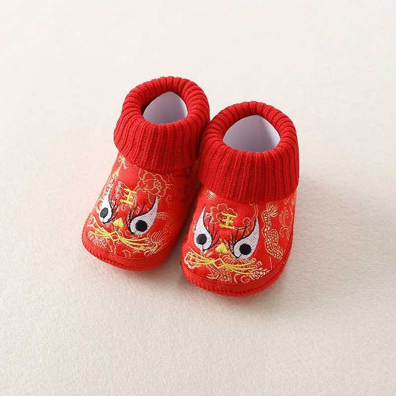 Red traditional Chinese style embroidered childrens shoes baby soft sole baby tiger first walking shoes Chinese New Year M240827