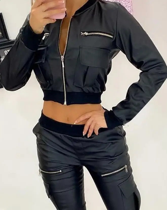 Womens Jakcets Y2K Pu leather zipper pocket n long sleeved O-neck jacket fashionable streetwear version cardigan jacket 240827
