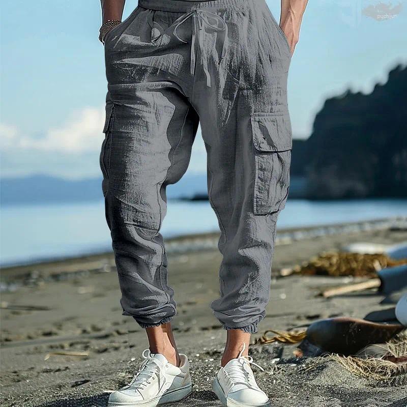 2025 S Fashion Designer Men S Pants Cross Border Cotton And En Casual Foot Tie Multi Pocket Tether Solid Color Large Size Drawstring Trousers