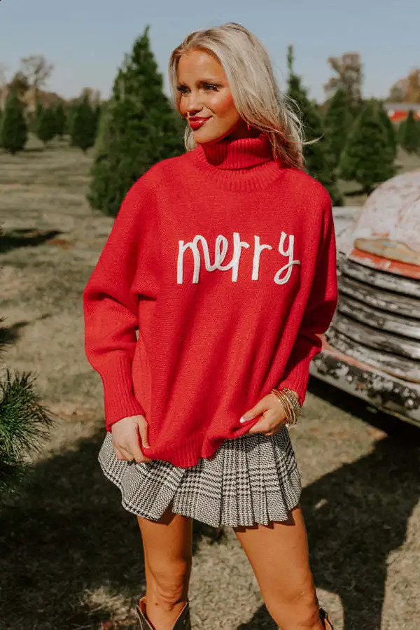 OMCHION Sueter Mujer Knitted Soft Christmas High Collar with Alphabet Sweater Fashion Womens Zipper 240826
