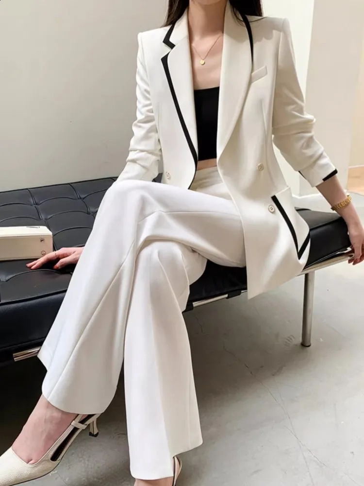 Korean Fashion Elegant and Chic Women Pantsuit Casual Vintage Blazer Jackets Straight Pants Two Pieces Set Female Formal Outfits 240826