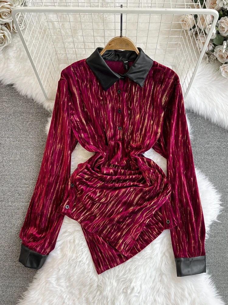 Spring and autumn fashion long sleeved polo neck ultra-thin slim fit irregular hem shiny silk shirt womens top Y2k 240827